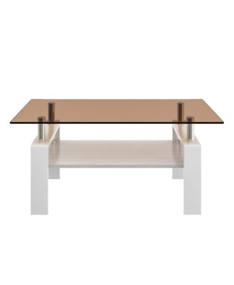 Modern 2-Tier Coffee Table, Rectangle Center Table with Tempered Glass Top, MDF Shelf and Metal Legs for Living Room, Home Office