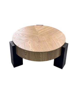 31.5'' Round Coffee Table with Hidden Storage - Wood Parquet Veneer Top Table and 3 Block Legs, Center Accent Table for Living Room