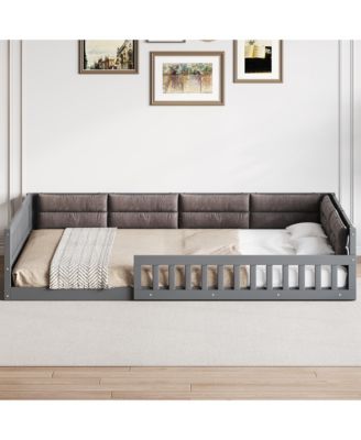 Full Size Wood Upholstered Platform Bed Guardrail Fluffy Pillows Pine Wood MDF