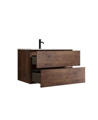 30" Modern Walnut Wall Mount Vanity With Ceramic Sink, Single-Hole Top U-Channel Storage, DTC Silent Close
