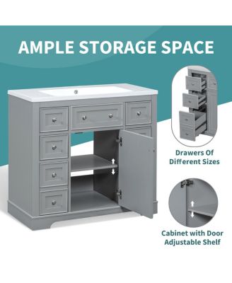 36" Bathroom Vanity with Ceramic Sink, Solid Wood MDF Cabinet with 6 Drawers, Adjustable Shelf for Storage