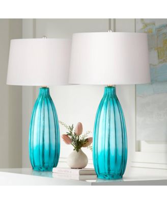 Coastal Table Lamps 30 Tall Set of 2 Fluted Blue Glass  Drum Shade for Living Room Family Bedroom Bedside Nightstand