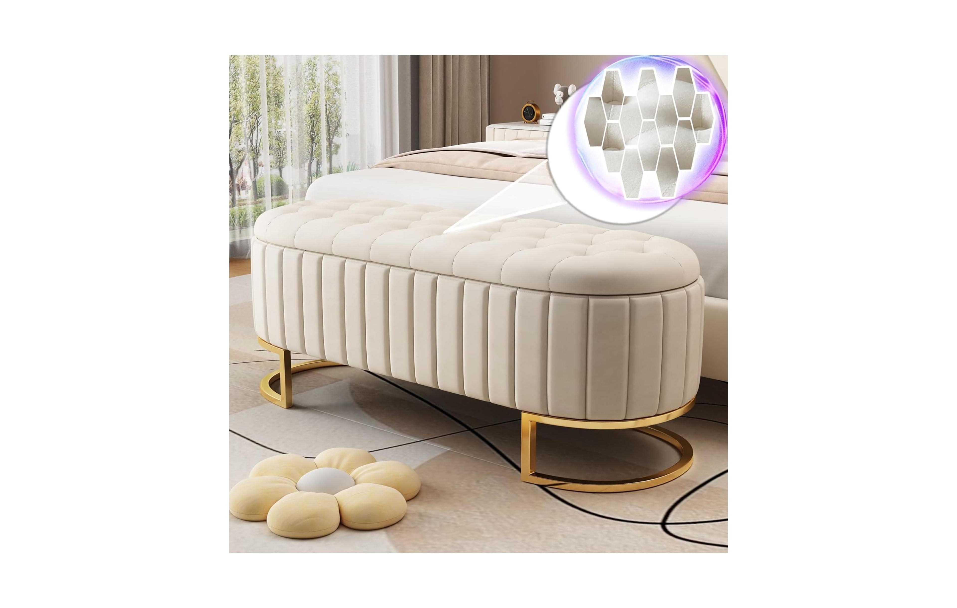 Rainsken Velvet Upholstered Storage Ottoman with Button Tufting and Metal Legs