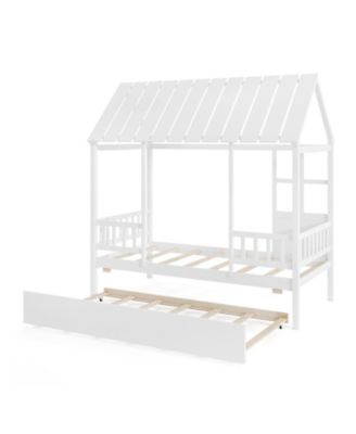 House Bed with Trundle Kids Platform Bed with Roof Window
