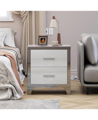 Durable Premium High Gloss Mirrored Nightstand with 2 Drawers Modern Bedroom End Table