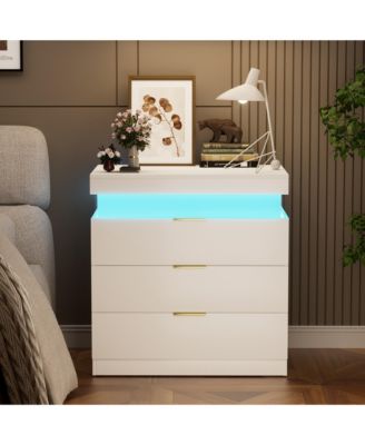 Modern Nightstand with Storage Space and LED Light Glass Top Jewelry Storage Bedside Table