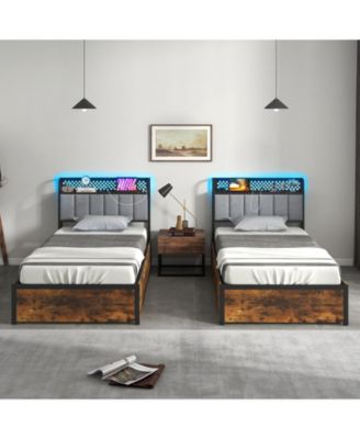 Twin size Bed Frame with LED Lights Upholstered Headboard and 4 Storage Drawers