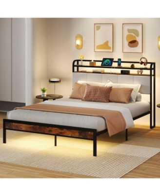 Queen Size Bed Frame with LED Light and Charging Station