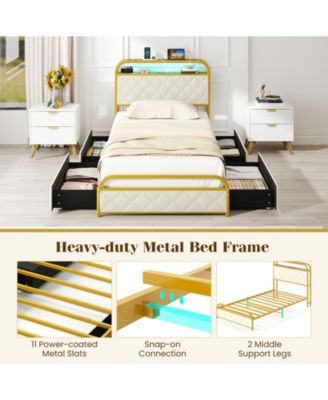 Twin Size Bed Frame with LED Lights and Charging Station