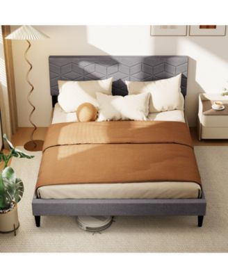 Queen Size Bed Frame Modern Platform Bed with Linen Fabric Upholstered Headboard