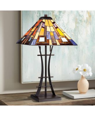 Jewel Tone Mission Style Table Lamp 27" Tall Iron with Tabletop Dimmer Art Glass Shade for Bedroom Living Room Bedside