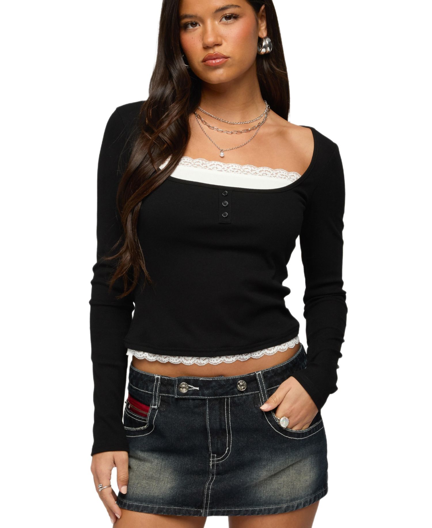 Women's Joana Layered Lacey Henley Top