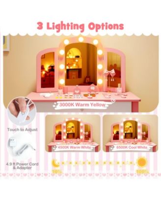 2-in-1 Kids Vanity Table Set with Tri-Folding Detachable Mirror and LED Lights
