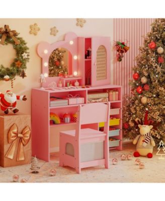 Kids Vanity with Lights and 5 Drawers Bear Design Dressing Table Set