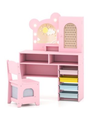 Kids Vanity with Lights and 5 Drawers Bear Design Dressing Table Set