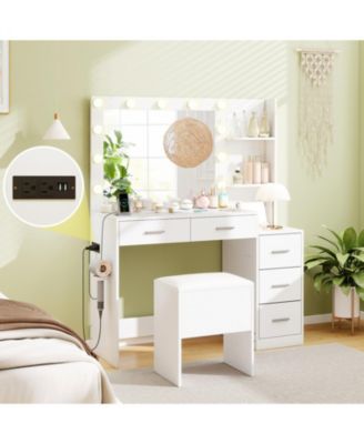 Makeup Table and Stool Set with Hair Dryer Stand and 5 Drawers