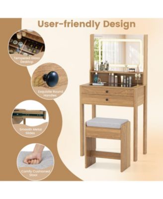 Small Vanity Desk with LED Mirror and Cushioned Stool for Small Spaces