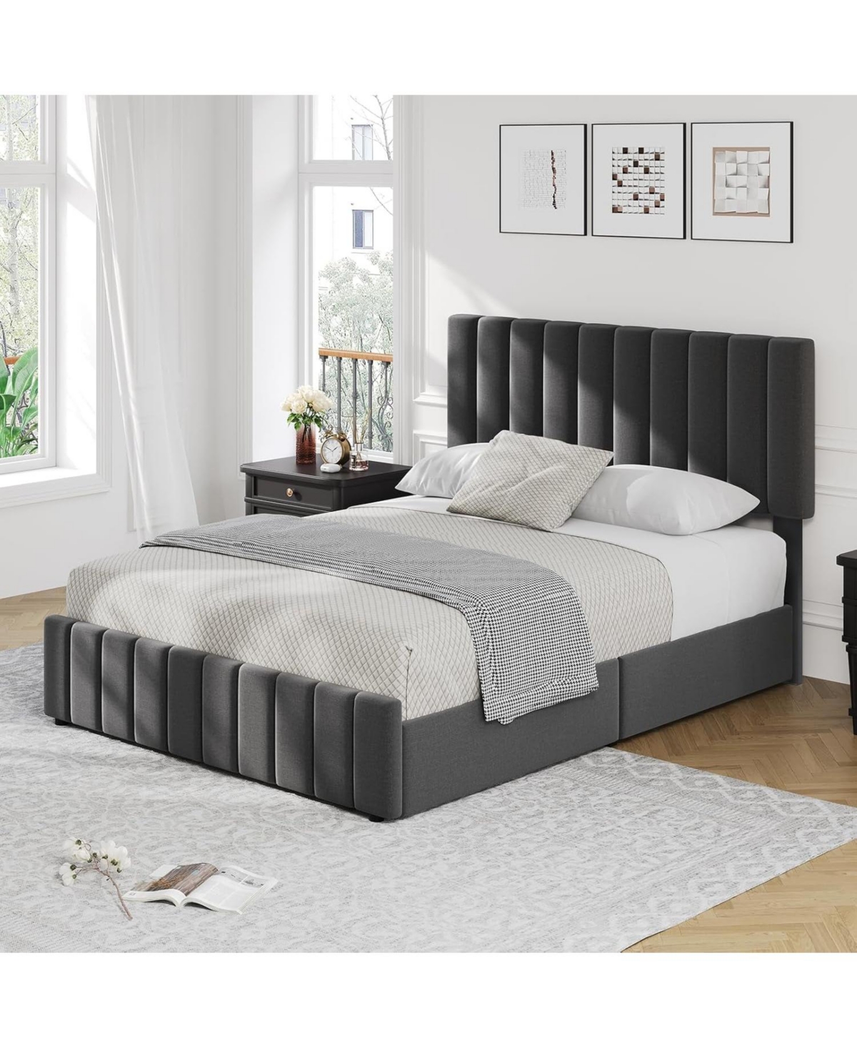 gaomon Upholstered Bed Frame 4 Storage Drawers Adjustable Headboard Wooden Slats Support No Box Spring