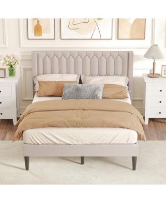 Velvet Upholstered Platform Bed Frame with Headboard and Wingback Headboard