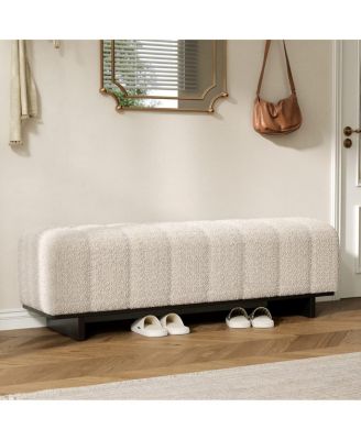 63.62" Sherpa Boucle Upholstered Bench, Rubberwood Legs
