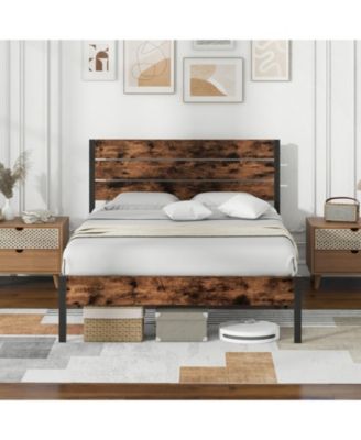 Metal and Wood Platform Bed Frame with Headboard and Noise-Free Slats
