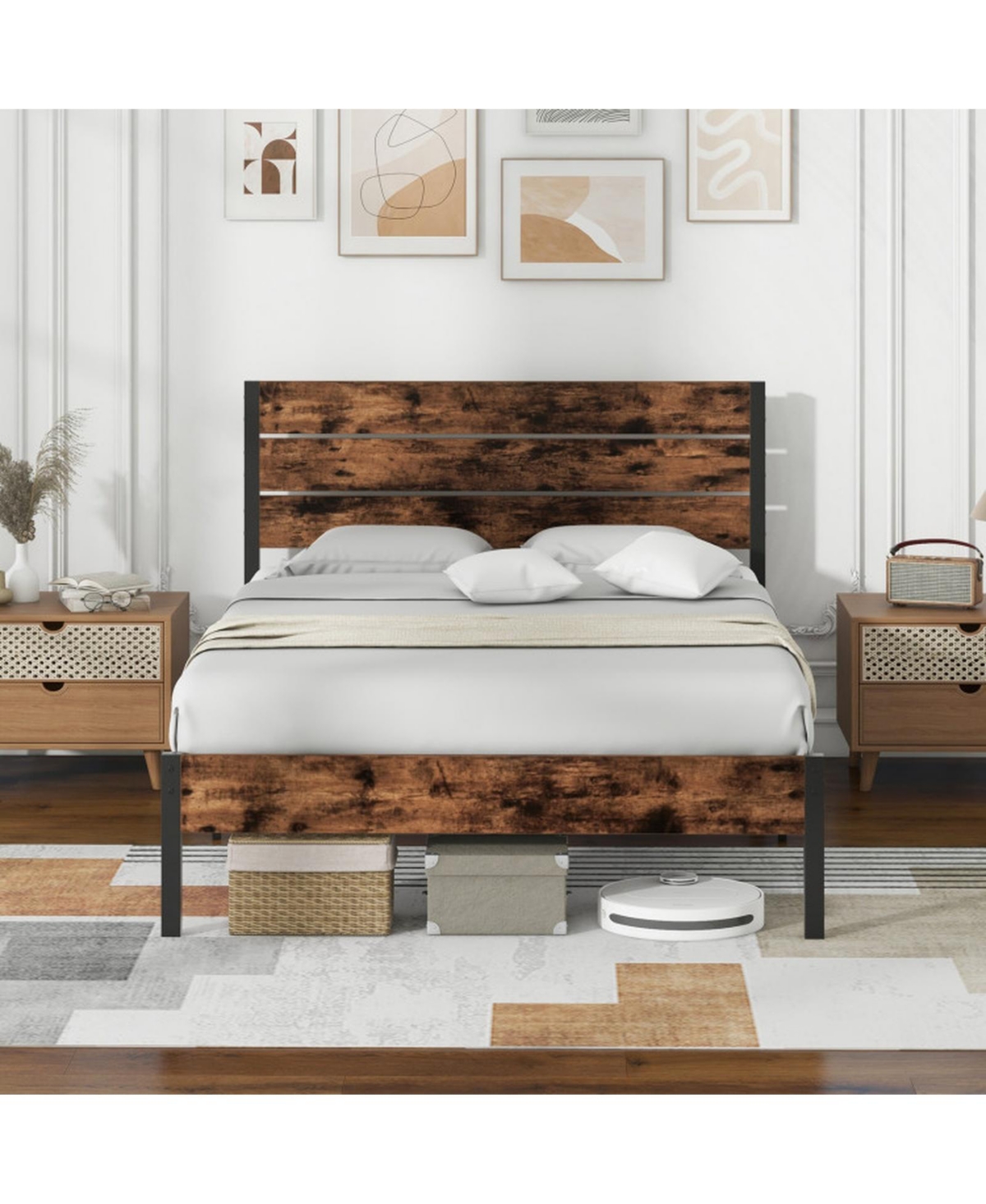 Gouun Metal and Wood Platform Bed Frame with Headboard and Noise-Free Slats