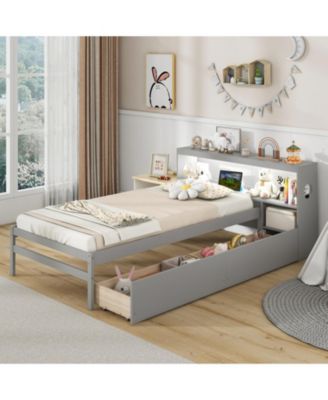 Solid Wood Platform Bed Frame with LED Lights and Headboard and Bookcase Headboard