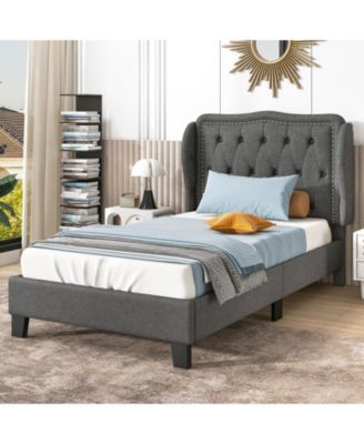 Bed Frame with Button Tufted Wingback Headboard Storage
