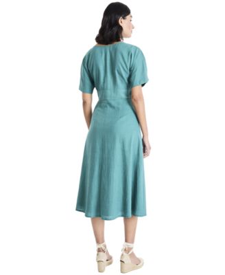 Women's Button-Front V-Neck Midi Dress