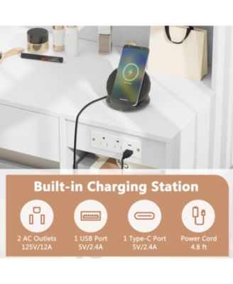 Vanity Desk with Lighted Mirror Storage Cabinet and Cushioned Stool
