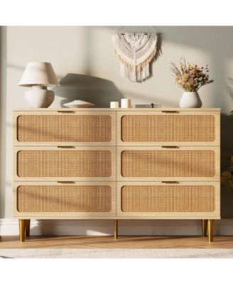 Rattan 6 Drawer Dressers for Bedroom, Large Double Dresser with Deep Drawers, Chest of Drawers for Closet with Wide Top
