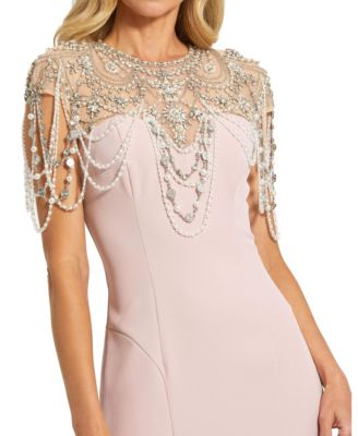 Women's Pearl Beaded Draped Mermaid Evening Gown