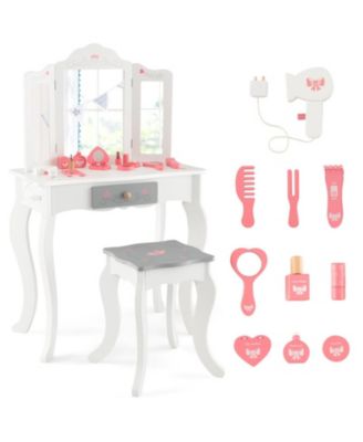 Kids Vanity Table and Chair Set with Tri-Folding Mirror and Drawer