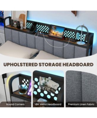 Metal Platform Bed Frame with LED Lights and Storage Drawers and Headboard