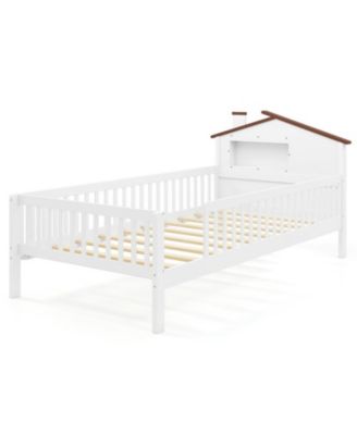 Twin Kids Montessori Bed with Storage Shelves and House-Shaped Headboard