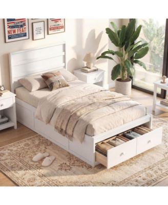 Twin Solid Wood Platform Bed Frame with Storage Drawers and Headboard