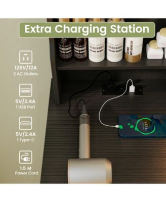 Makeup Vanity Desk and Stool Set with LED Lighted Mirror and Charging Station