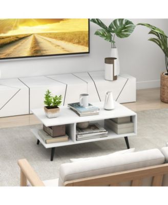 31.5 in Mid-Century Modern 2-Tier Coffee Table with Open Compartments