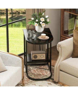 C-Shaped Modern Sofa Side Table with Faux Marble Top and Storage Shelf