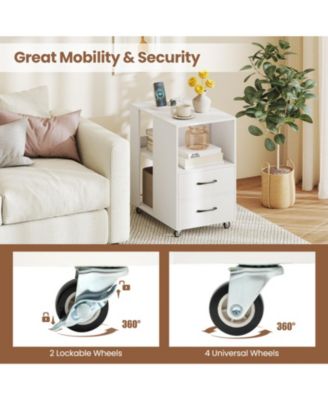 End Table with Built-In Charging Station, 2 Drawers and Locking Wheels