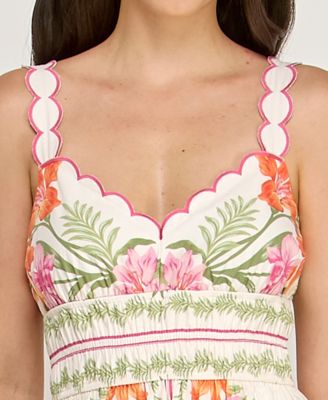 Juniors' Sleeveless Scallop Strap Ruched Waist Midi Dress