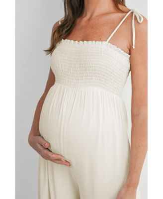 Maternity Smocked Wide-Leg Jumpsuit with Tie Shoulders and Side Slit