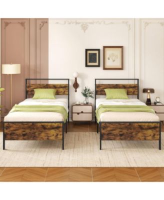 Twin Metal and Wood Platform Bed Frame with Headboard and Industrial Design