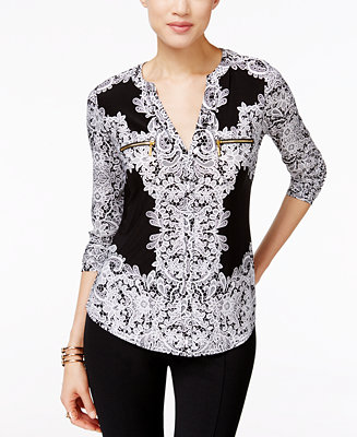 INC International Concepts Printed Zip-Pocket Top, Created for Macy&#39;s - Tops - Women - Macy&#39;s