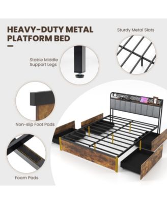 Bed Frame with LED Lights Upholstered Headboard Storage Drawers