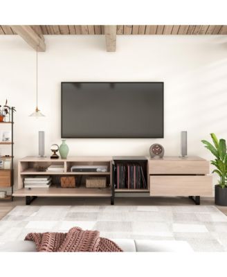 Modern TV Stand for 80'' TV, Wooden Entertainment Center with Double Storage Space and  Drop Down Door, Media Console Table for Living Room