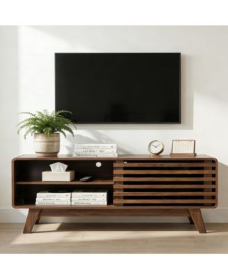 TV Stand with Slatted Sliding Door, Mid Century Modern Media Console Table for 50 Inch TV, Entertainment Center for Living Room