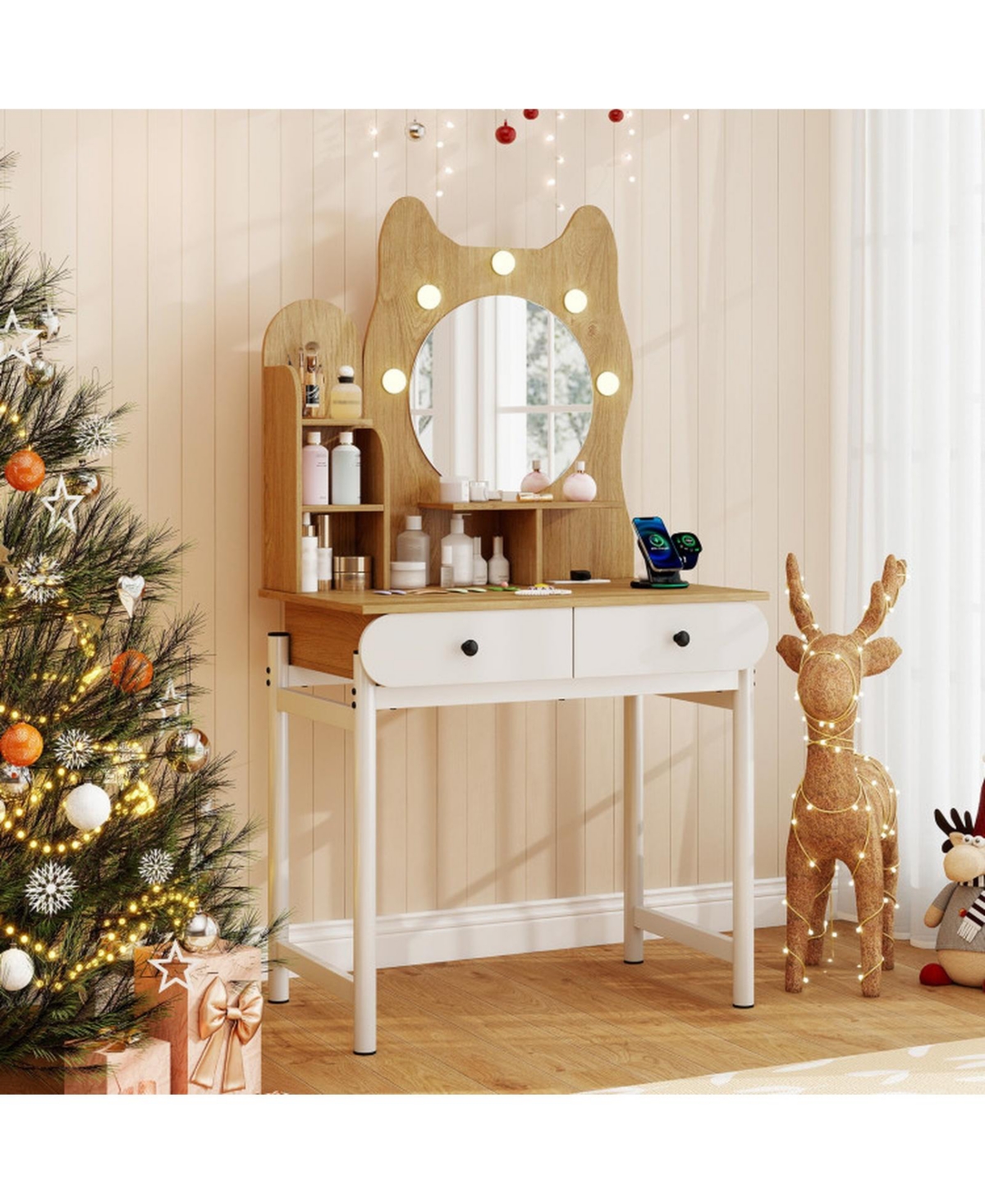 Gouun Small Vanity Desk with Round Lighted Mirror and Power Outlets