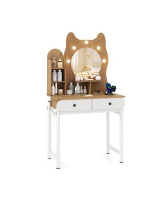 Small Vanity Desk with Round Lighted Mirror and Power Outlets