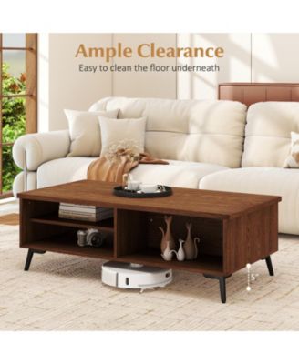 47 in Mid-Century 2-Tier Coffee Table with Shelves and Compartments